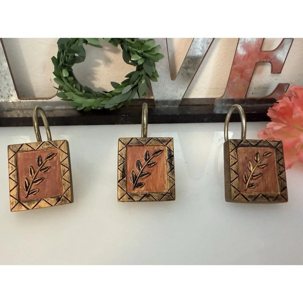 Vintage Rustic Resin Olive Branch Bronze Earth Tones Shower Curtain Hooks 12pk‎